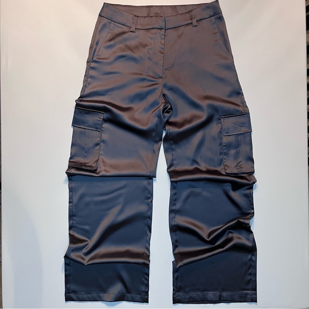 Wide Leg Satin Cargo Pants in Charcoal Gray - Picture 4 of 8